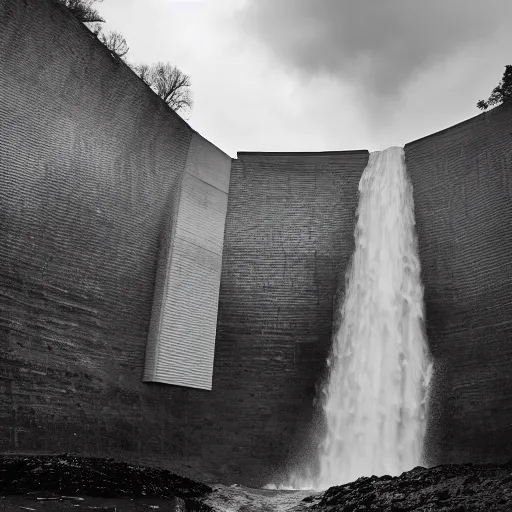 Prompt: Brutalism waterfall dam