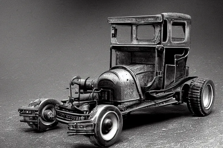Prompt: cyberpunk 1 9 0 8 model ford t by paul lehr, metropolis, vintage, solar, black and white photo