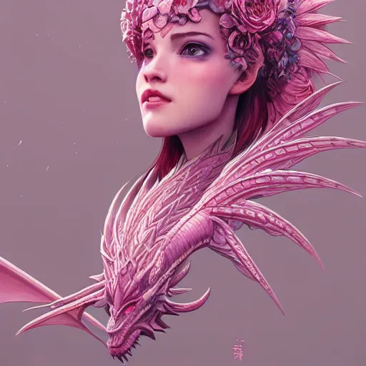 Image similar to pink flower dragon uwu, intricate, highly detailed, digital painting, artstation, concept art, smooth, sharp focus, illustration, Unreal Engine 5, 8K, art by artgerm and greg rutkowski and alphonse mucha