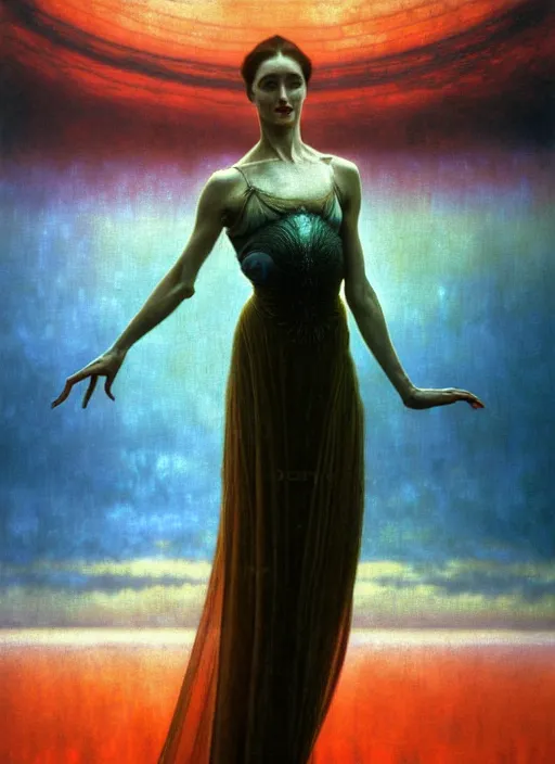 Image similar to realistic detailed portrait movie shot of a prima ballerina wearing a dark robes, sci fi city landscape background by denis villeneuve, amano, yves tanguy, alphonse mucha, ernst haeckel, max ernst, roger dean, masterpiece, rich moody colours, dog teeth, blue eyes, sunset