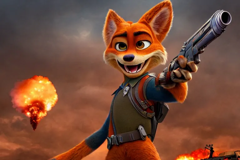 Image similar to nick wilde ( from zootopia ), heavily armed and armored facing down armageddon in a dark and gritty reboot from the makers of mad max : fury road