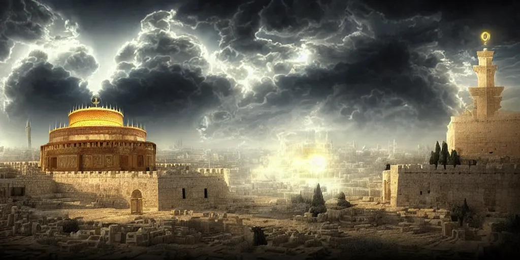 Image similar to hidden imagery floating temple in the sky incredible digital art optical illusion, superb detailed clouds shaped like the second temple in jerusalem, over the ruins of old jerusalem, awe inspiring, masterpiece surrealism, digital art trending on artstation awesome award winning