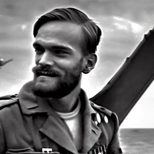 Image similar to A closeup of Pewdiepie storming the beaches of Normandy, 1945, Colourized