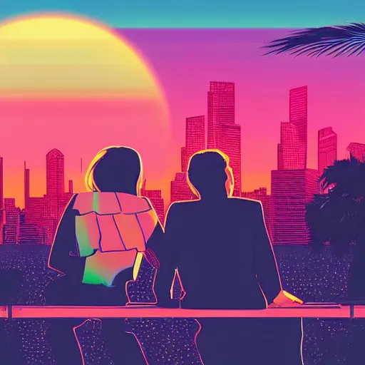 Prompt: a synthwave sunset with a man and woman staring at the sunset