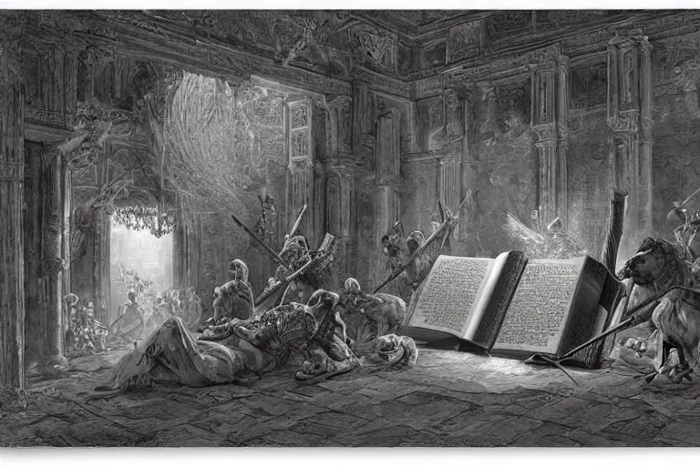Image similar to highly detailed painting of big opened book, don quixote leave the book, symmetrical, masterpiece, by gene wolfe, highly detailed painting by gustave dore