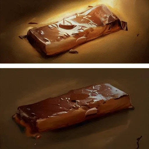 Image similar to a fish laying on top of a chocolate bar. soft, atmospheric, warm lighting. highly detailed digital painting by mandy jurgens.