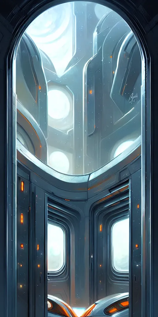 Image similar to hyper realistic art - deco sci - fi double door by jordan grimmer, darek zabrocki