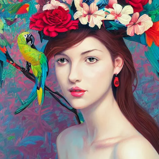 Image similar to a painting of a woman wearing a floral hat in a beautiful garden with parrots flying around, an ultrafine detailed painting by james jean, cgsociety, figurative art, ilya kuvshinov, detailed painting, rich color palette