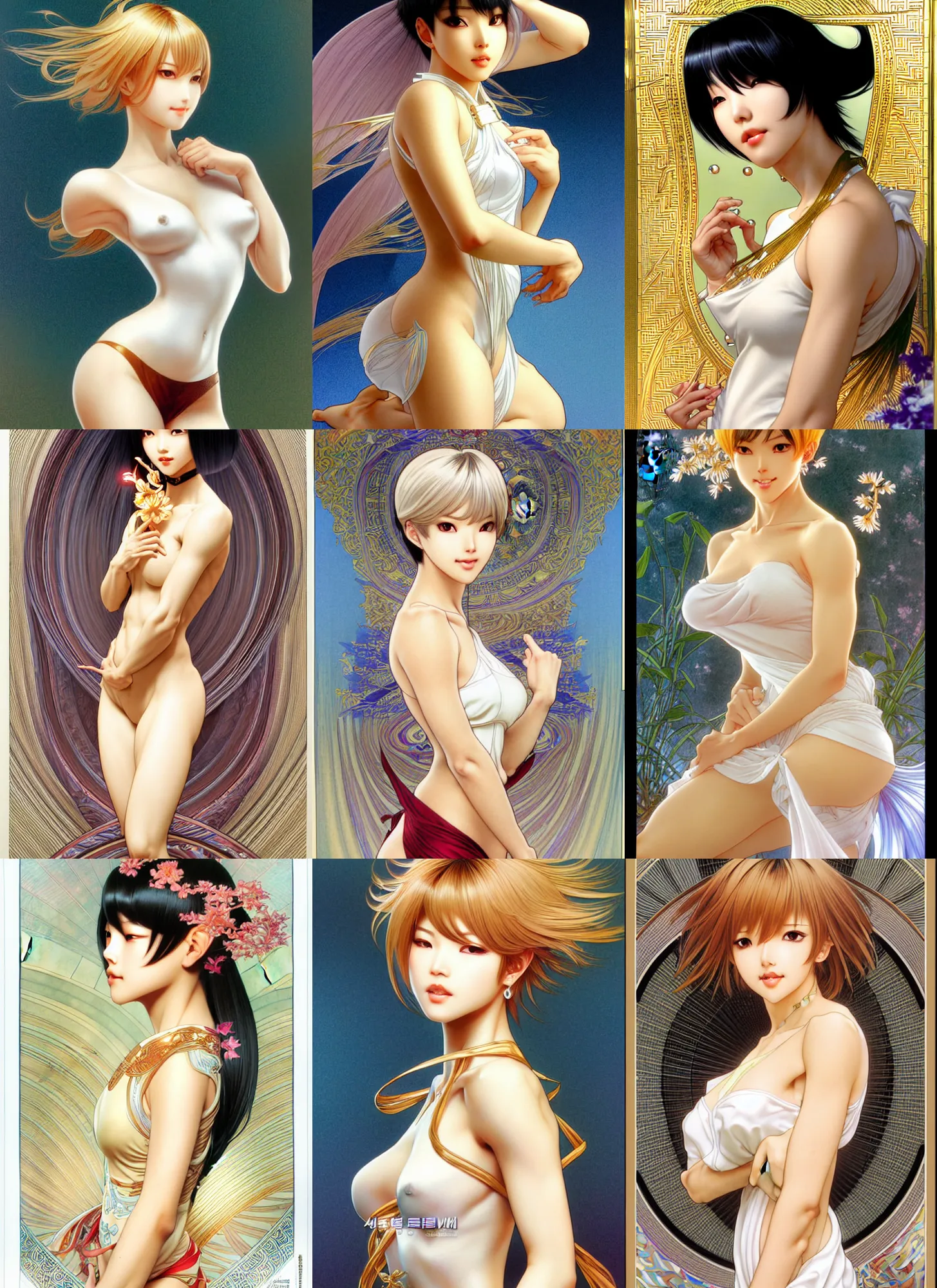 Prompt: full length complex 3 d hyper realistic smooth ultra sharp render of a gorgeous flawless caramel skin female, short white hair long bangs!!! | art by oh jinwook + 吵 集 仁 儿 on artstaion + takeshi obata + alphonse mucha + jim lee