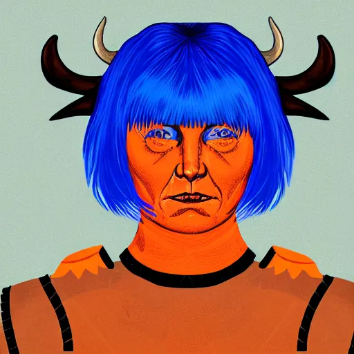 Image similar to illustrated portrait of ugly ram-horned woman with orange skin and a blue hair bob wearing leather armor