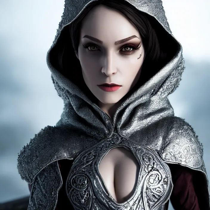 Image similar to photograph of a real-life beautiful rogue with intricate silver cloak. Extremely detailed. 8k