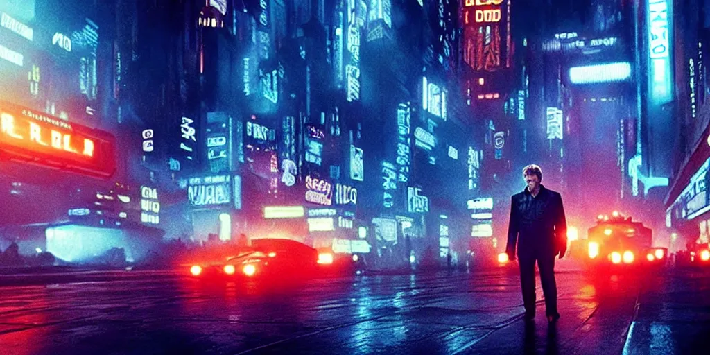 Image similar to 2 0 1 8 blade runner movie still harrison ford looking at the cityscape from roof matrix perfect face fine realistic face pretty face neon jacket blue futuristic sci - fi elegant by alex proyas illustrated sand storm