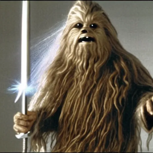 Prompt: gandalf as chewbacca, hair dryer commercial, hair dryer advertisement