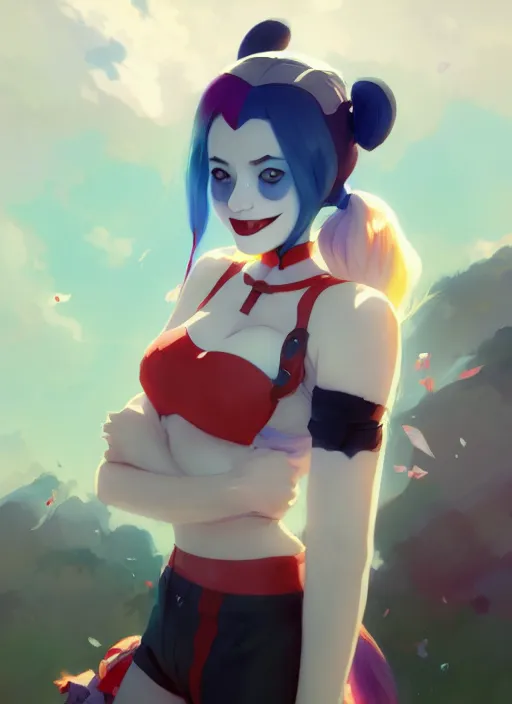 Image similar to portrait of cute harley quinn, cloudy sky background lush landscape illustration concept art anime key visual trending pixiv fanbox by wlop and greg rutkowski and makoto shinkai and studio ghibli