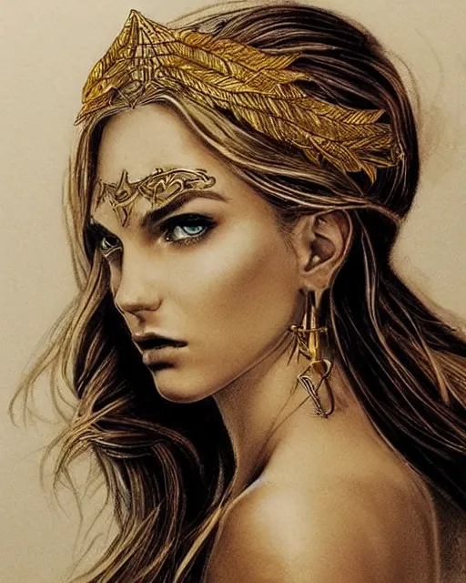 Image similar to tattoo sketch of hot blonde super model as aphrodite greek goddess wearing a gold laurel wreath and triangle earrings, beautiful piercing gaze with sharp pupils, in the style of greg rutkowski, fantasy, amazing detail, epic, elegant, smooth, sharp focus, front view