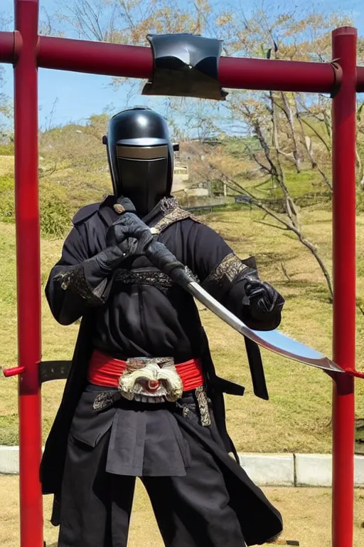 Prompt: a godlike and indomitable helmeted and masked samurai posing with their realistic detailed katana and wakizashi under an enormous Torii gate, the Japanese rising sun in the background. Badass pose. Photo realistic. Award winning. Masterpiece, exquisite detail, post processing