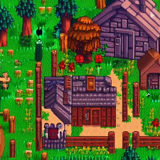 Prompt: an isometric render of a village, farm game, medieval, forest, stardew valley