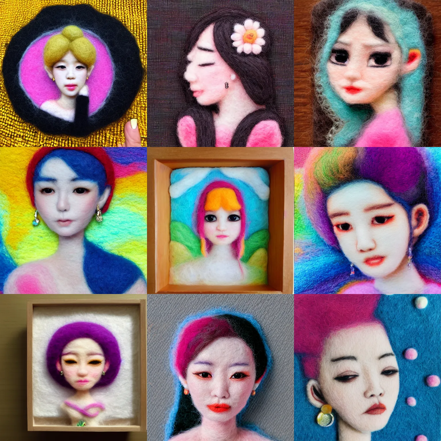 Prompt: needle felted flat portrait painting of a k-pop songstress, highly detailed, tilt shift, cute, hyperrealism, highly textured, god rays, needle felting