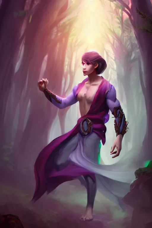 Prompt: a human elemental sorcerer, forest setting, colorful magic, male, white skin, young, sharp focus, concept art, dynamic lighting, unreal engine, by emylie boivin