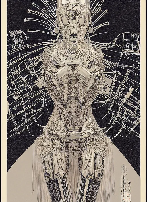 Image similar to 2 d illustration, grained risograph, vintage horror sci - fi portrait of a futuristic silver armored geisha district 9 cyborg, parallax, fractal, intricate, elegant, highly detailed, by jheronimus bosch and moebius louis jacques mande daguerre and szukalski