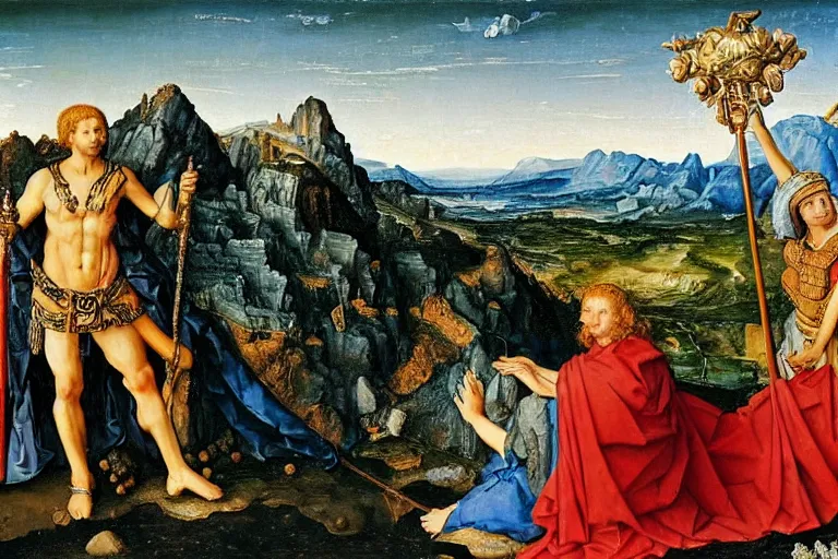 Prompt: apollo and athena on mount olympus, oil painting by jan van eyck, northern renaissance art, oil on canvas, wet - on - wet technique, realistic, expressive, detailed textures, illusionistic detail