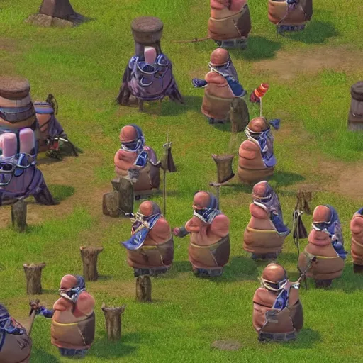 Prompt: a group of cute giant minions standing near a Town Center in the game Age of Empires, realistic minions