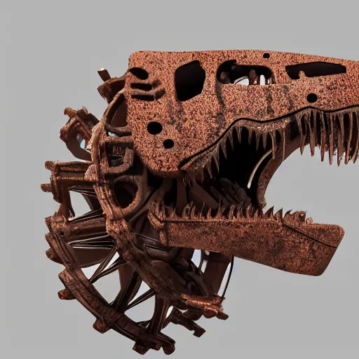 Prompt: a t-rex made of rusty gears, octane render, 3D