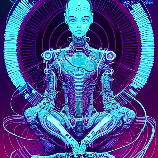 Image similar to a portrait of a beautiful cybernetic woman meditating in lotus pose, wires, cyberpunk concept art by josan gonzales and philippe druillet and dan mumford and enki bilal and jean claude meziere