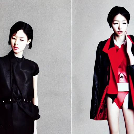 Prompt: creative portrait of a korean female model for id magazine, fashion photography, dim light, no makeup,