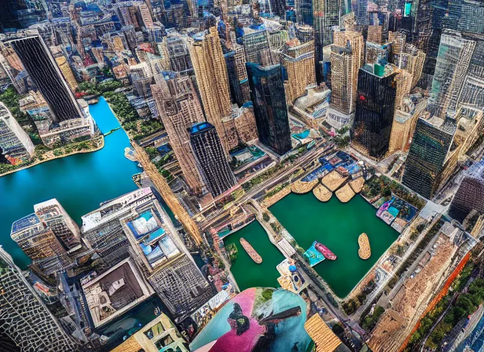 Image similar to a giant lake in the middle of times square, birds eye photograph, 8 k resolution, sharp focus, wide angle, hyper - detailed, 8 5 mm photograph