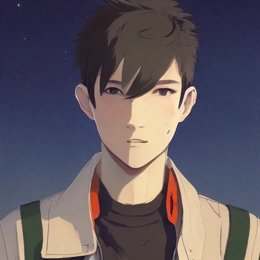 Image similar to a handsome young man! model, wearing ma - 1 flight suit jacket and overalls, bulky poofy bomber jacket with mayan patterns, trending on pixiv fanbox, painted by greg rutkowski makoto shinkai takashi takeuchi studio ghibli, akihiko yoshida