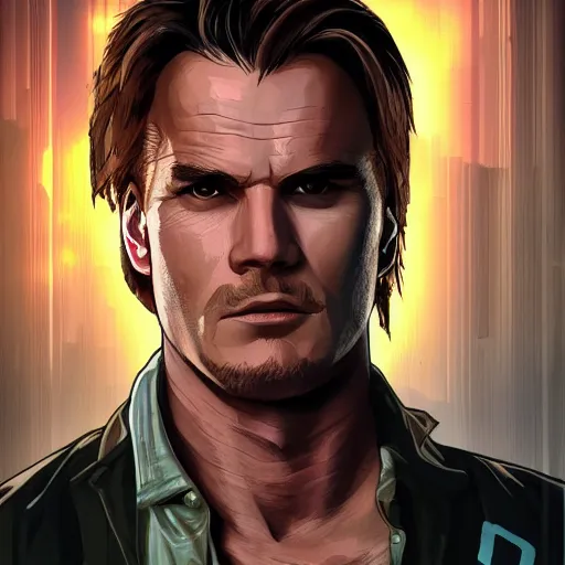 Image similar to [UHD MacGyver as a GTA character on the streets of futuristic laserpunk Dallas, correct face, intricate facial details, symmetrical face, elegant, graphic detail, digital painting, trending on artstation, concept art, tonalism, sharp focus, illustration, art by Akira Toriyama and Greg Rutkowski and Alphonse Mucha]