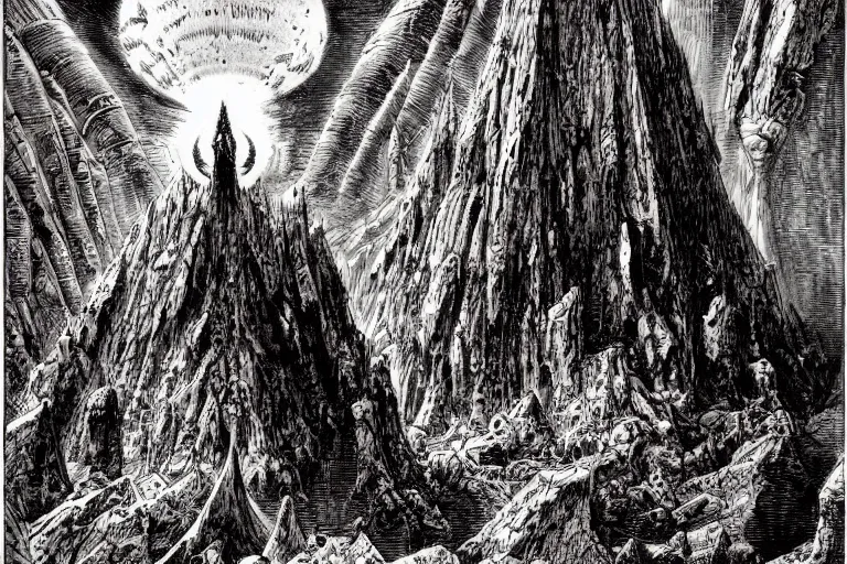 Image similar to hells gates by philippe druillet and gustave dore and much a and moebius and hieronymus bosch