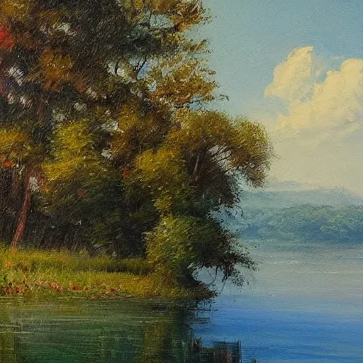 Prompt: a beautiful painting of a lake landscape in summer by james gurney