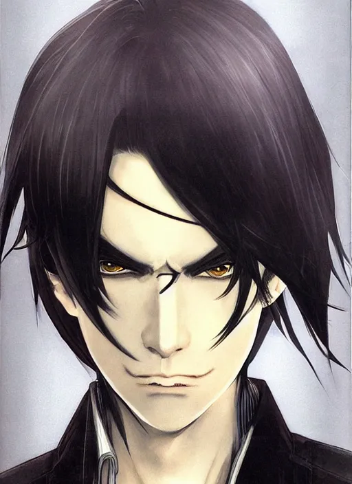 Prompt: portrait by shigenori soejima, handsome male vampire, focus on face, sword holster, long black hair, dark blue shirt, light brown coat, red eyes,