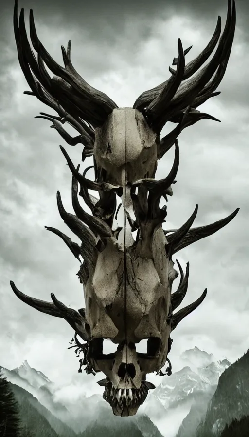 Prompt: gigantic goddess of wildlife wearing unknown animal skull mask with thousand horns looming over misty mountains forest