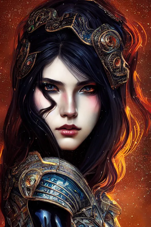 Prompt: portrait evilly knights of Zodiac girl smoky eyes, black fire color reflected armor, in ruined Agora of Athens rainy night, ssci-fi and fantasy, intricate and very very beautiful and elegant, highly detailed, digital painting, artstation, concept art, smooth and sharp focus, illustration, art by tian zi and WLOP and alphonse mucha