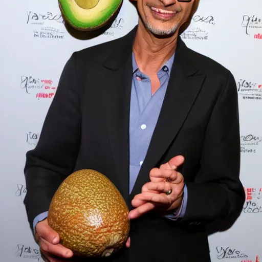 Image similar to Jeff Goldblum wearing an avocado as a hat