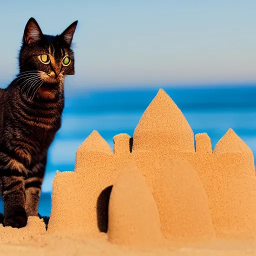 Image similar to Photo of a cat building a sandcastle on a beach, photorealistic, 8K photo, golden hour, award winning