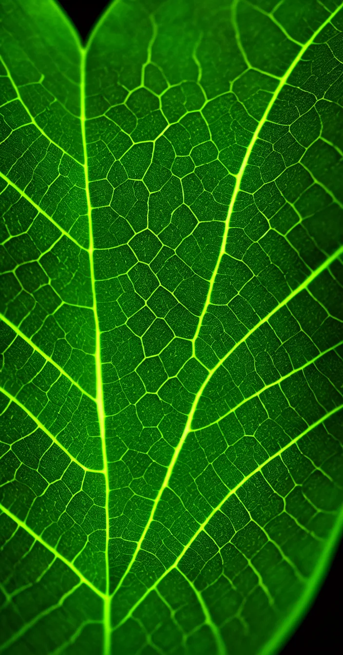 Image similar to realistic photo of texture of a one big glowing leaf, very dark background, full leaf is visible, very sharp focus, in the style of greg rutswoski, very hyper realistic, highly detailed, fantasy art station