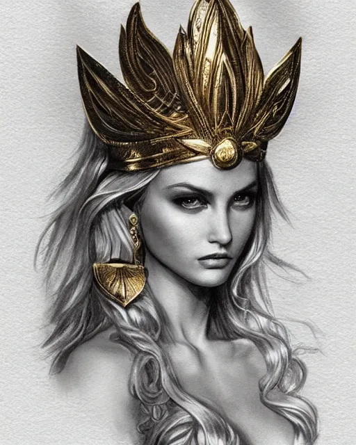 Image similar to tattoo design sketch of hot blonde super model as aphrodite greek goddess wearing a gold laurel wreath and triangle earrings, beautiful piercing gaze with sharp pupils, in the style of greg rutkowski, fantasy, amazing detail, epic, elegant, smooth, sharp focus, front view