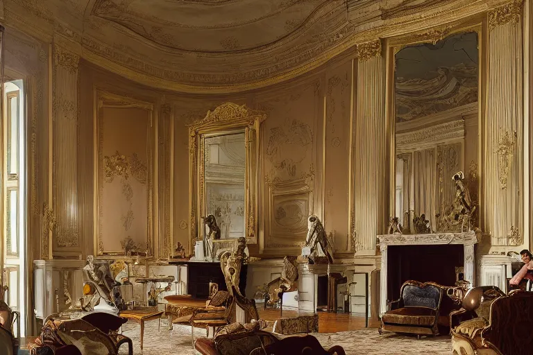 Prompt: long view, big tiger in classical room, in style of classicism