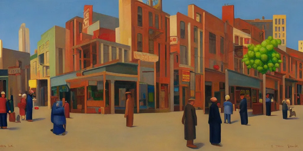 Image similar to toylike town, street elevation, market, grant wood, pj crook, edward hopper, oil on canvas