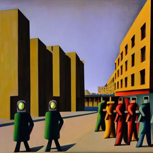 Prompt: drab human pedestrians, guarded by fascist robot overlords, brutalist city street, dystopian, pj crook, edward hopper, oil on canvas