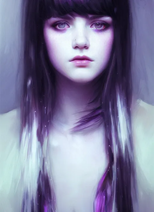 Prompt: portrait of teenage girl, red irises, bangs, black and white hair, white bangs, purple clothes, white bangs, bangs, black hair and white bangs, intricate, elegant, glowing lights, highly detailed, digital painting, artstation, concept art, smooth, sharp focus, illustration, art by wlop, mars ravelo and greg rutkowski