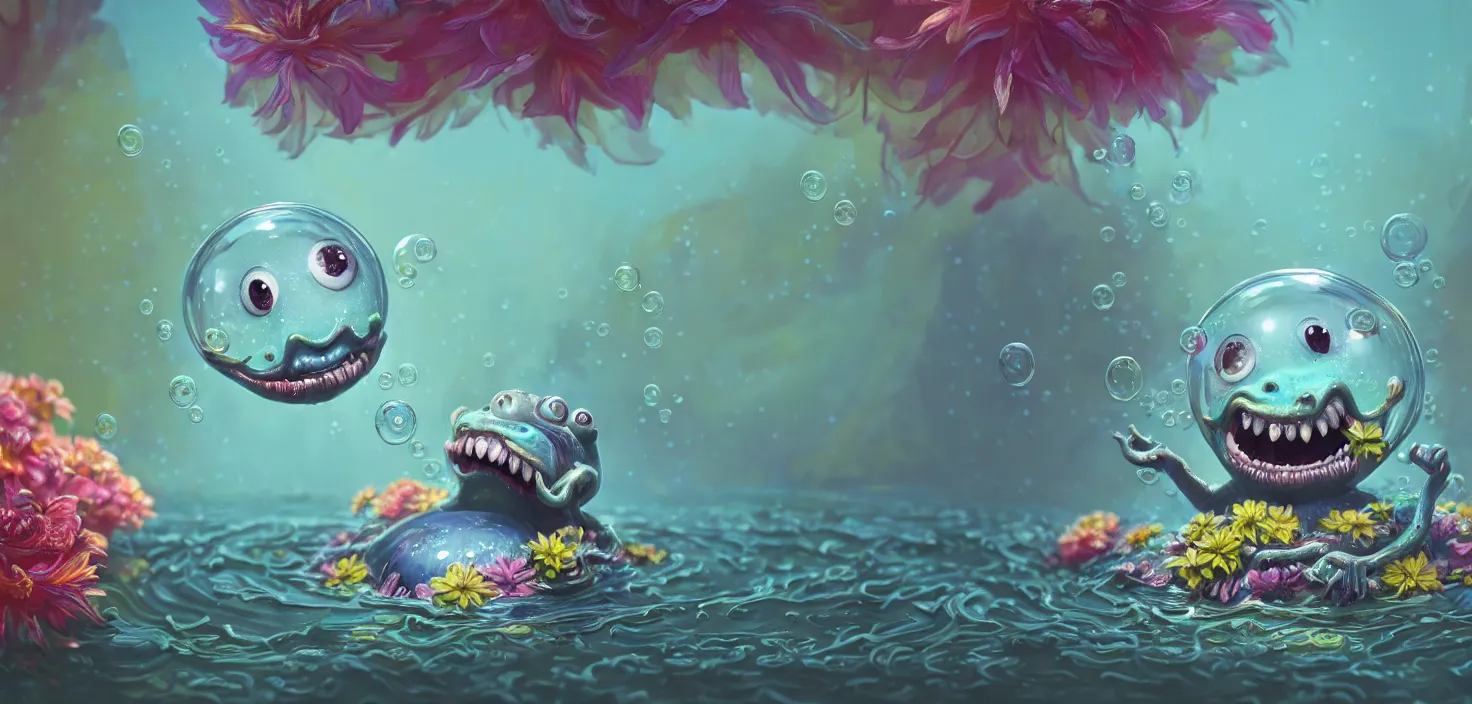 Prompt: intricate colourful murky nature with strange cute friendly happy crazy bubble with beauty cute eyes long tongue teeth and funny face appearing from the flowers in water, in the style of craola, shallow depth of field, highly detailed, digital painting, trending artstation, concept art, illustration, cinematic lighting, vibrant colors, photorealism, epic, octane render