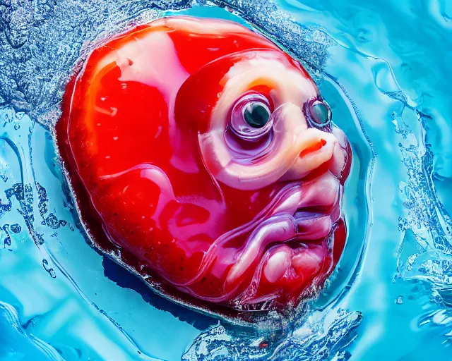 Prompt: a massive jelly sculpture of a squashed human face on a giant jelly donut floating in the ocean, in the style of johnson tsang, cinematic, funny, hyper - realistic, very detailed, realistic jelly splashes, ray tracing, 8 k resolution, long - shot, sharp focus, low angle, 8 5 mm photograph, wide lens