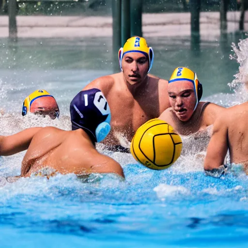 Prompt: water polo being played with hippos. sports photograph.
