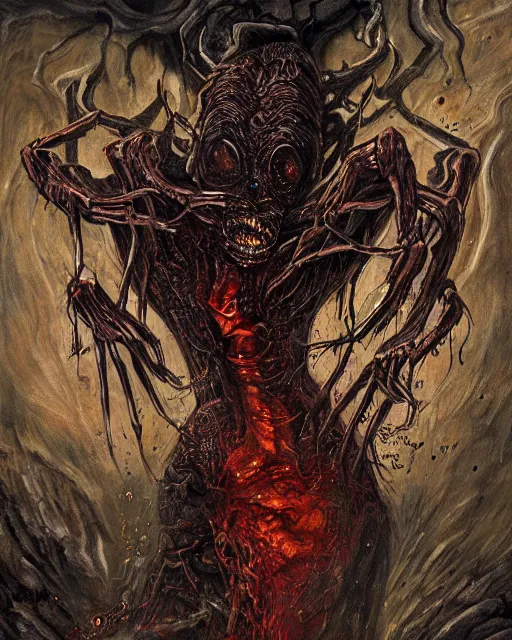 Prompt: an intricate painting of a arachnid demon bursting out of a woman's stomach, dark and scary, disturbing, by keith thompson