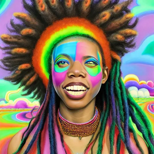 Image similar to a wide angle shot of a happy black girl with colorful dreadlocks in a field of candy, by Adi granov and afarin sajedi and amanda sage and evgeni gordiets and Agostino Arrivabene and adonna khare in a psychedelic portrait style, ultrarealistic matte painting, volumetric lighting, fractal, extremely symmetrical, highly detailed face, orisha, 8k, hd